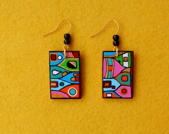 Wooden painted earrings inspired by Hundertwasser.Wooden dangle statment rectangle earring.Colorful inspirational design.Special women gift