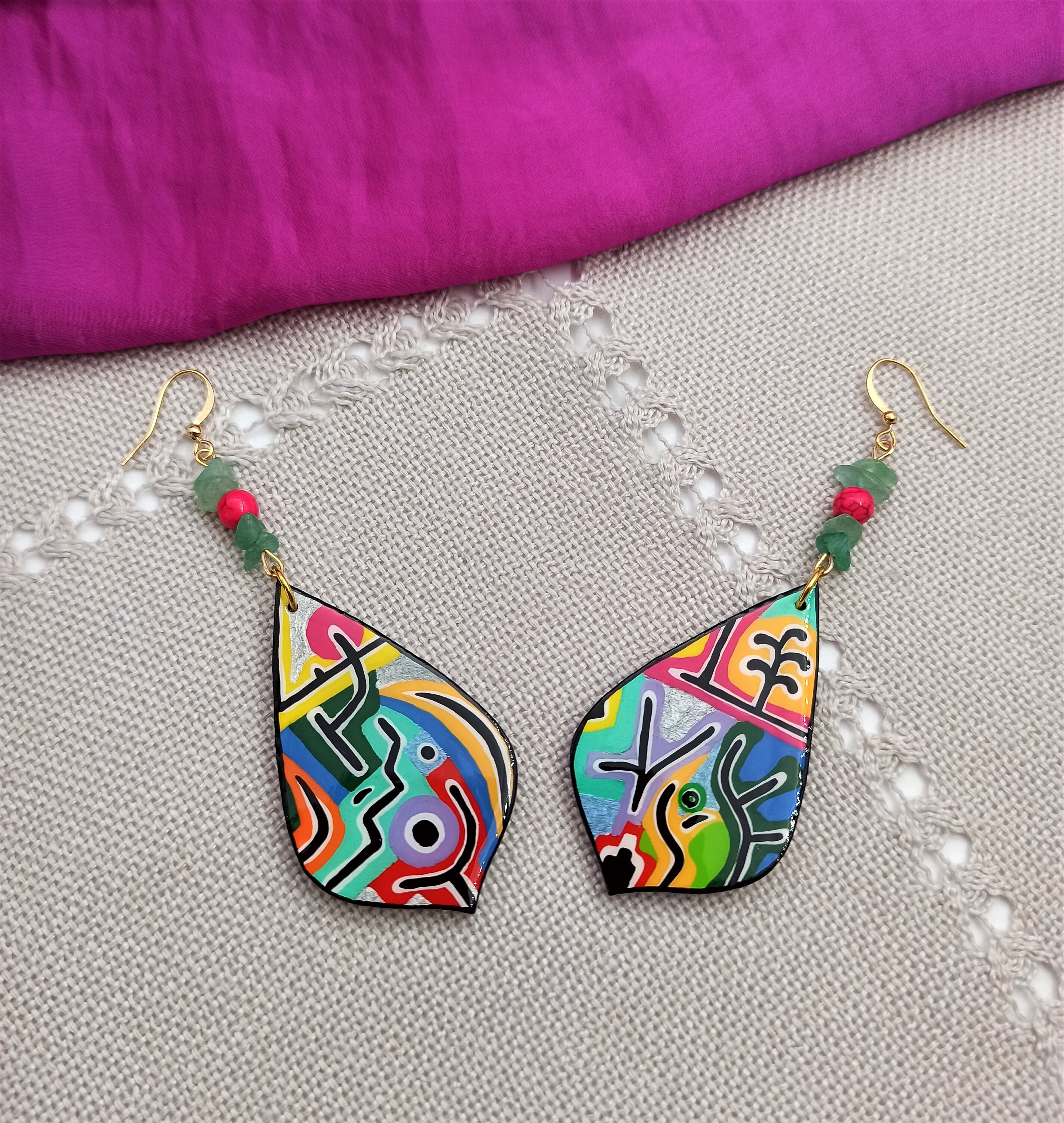 Painted Wooden Earrings Inspired by Paul Klee Art. Colorful