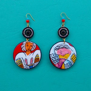 Wooden painted earrings inspired by Henry Matisse.Dangle Round Wooden Earrings.Colorful acrylic painting with resin cover.Inspirational gift