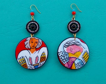 Wooden painted earrings inspired by Henry Matisse.Dangle Round Wooden Earrings.Colorful acrylic painting with resin cover.Inspirational gift