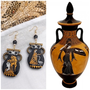 Bemalte griechische Keramikvase aus Olivenholz, inspiriert von der griechischen Mythologie. Schwarz Gold griechische Göttinnen Ohrringe. Kunst Geschenk für sie