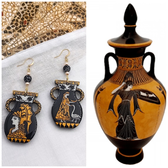 Painted Greek Pottery Vase Olive Wood earrings inspired by Ancient Greek Mythology. Black Gold Greek Goddesses earrings. Art gift for her