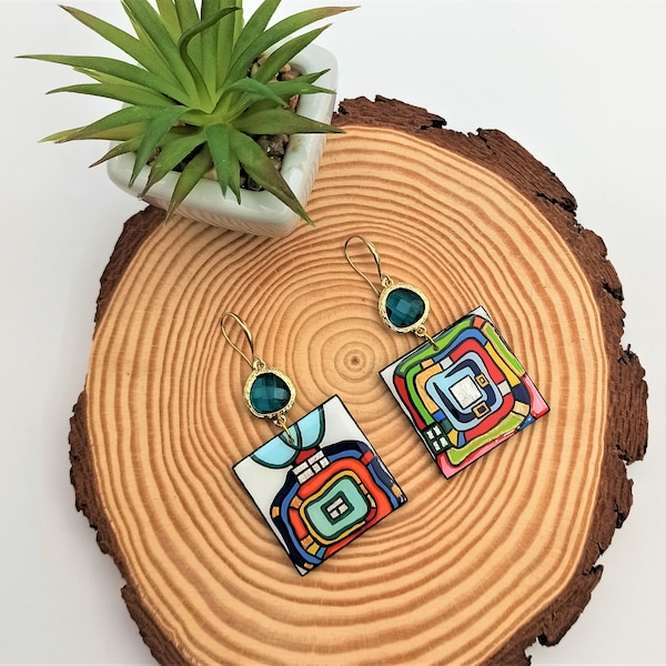 Wooden painted earrings inspired by Hundertwasser art. Square dangle statement earrings. Inspirational colours. Unique women gift. 24k hooks