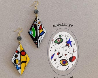 Wooden painted earrings inspired by Miro Art. Geometrical dangle statement earrings.Colorful inspirational women gift. 24k gold plated hooks