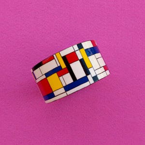 Painted bangle bracelet from wood resin covered handmade blue red yellow acrylic painting inspired by Mondrian Famous Art Jewelry Gift