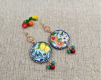 Painted earrings. Greek fruits lemon pomegranate colorful earrings. Statment Dangle coral earrings. Inspirational Greek jewelry gift