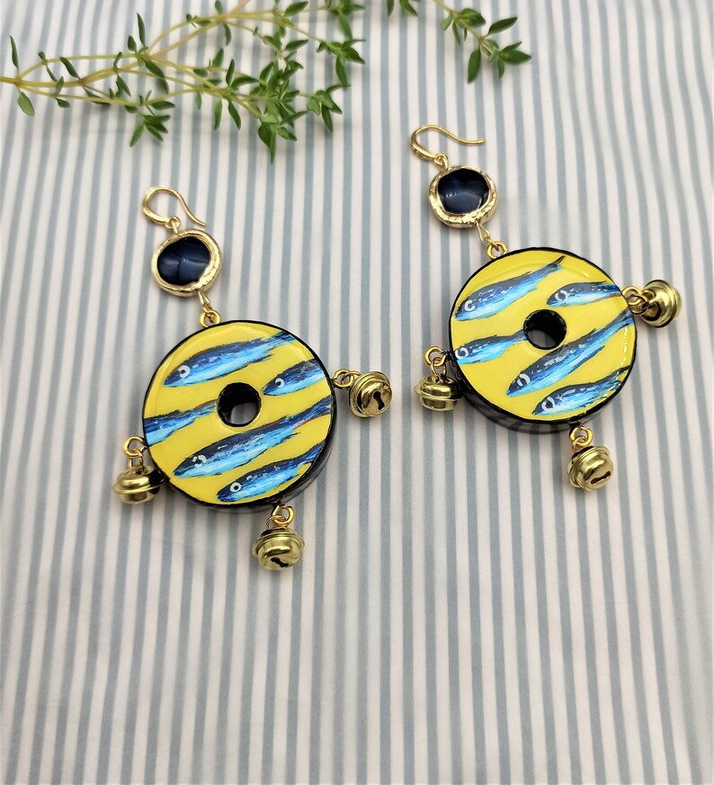 Wooden Painted Tambourine Earrings Inspired by Fish Art. Greek Etsy
