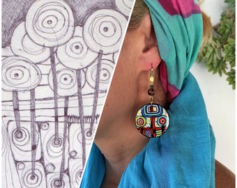 Painted wooden earrings inspired by Hundertwasser Art. Circle statement earrings. Inspirational colourful earrings. 24k Gold plated hooks