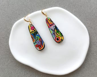 Paul Klee Inspired Wooden Earrings, Hand Painted Abstract Drop Earrings, Wearable Art Jewelry, Stainless Steel Gold Hoops, Art Lover Gift