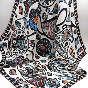 Painted Premium Silk Scarf Bandana Greek Pottery Vase inspired by Ancient Greek Art Amphora. Colorful Art design Unisex Scarf Bandana gift
