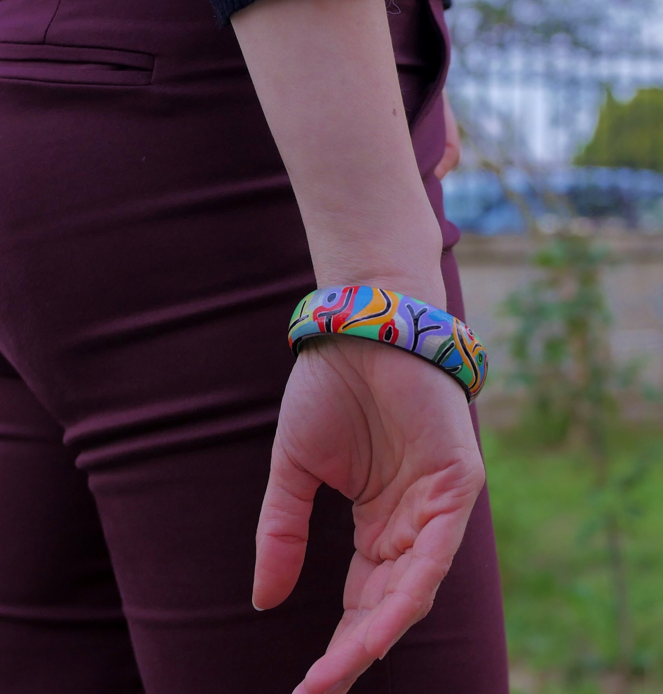 Orange Resin and Wood Checked Bracelet