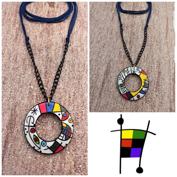 Painted Pendant. Art Colorful Pendant from wood with chain handmade acrylic painting inspired by Joan Miró works .Jewelry Gift. Miro Jewelry