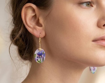 Hand-Painted Monet Inspired Floral Oval Earrings. Wearable Impressionist Art Earrings. Minimalist Floral Dangles Artistic Jewelry Gift