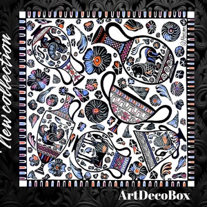 Painted Premium Silk Scarf Greek Pottery Vase inspired by Ancient Greek Art Amphora. Colorful Art Design Women&#39;s Neck Scarf 90x90 gift