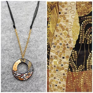 Painted Pendant from wood inspired by Gustav Klimt Art. Gold Black dangle circle pendant with stainles steel chain. Famous art jewelry gift