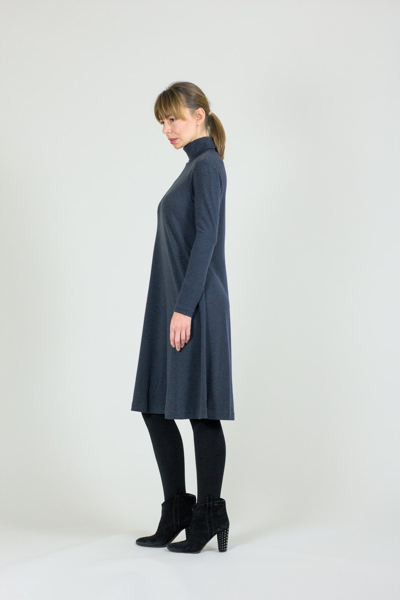 Charcoal Gray Merino Wool Dress Turtleneck Dress With Sleeves A-Line Knee Length Dress Sample Sale