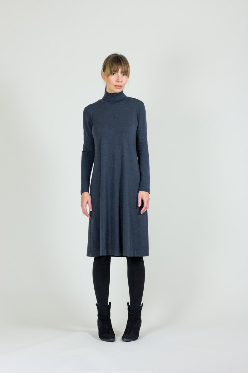 Charcoal Gray Merino Wool Dress Turtleneck Dress With Sleeves A-Line Knee Length Dress Sample Sale