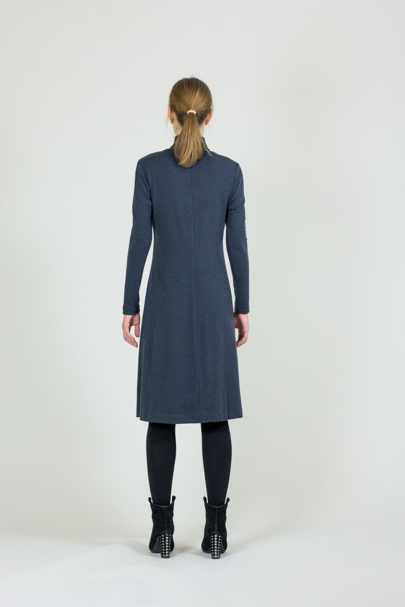 Charcoal Gray Merino Wool Dress Turtleneck Dress With Sleeves A-Line Knee Length Dress Sample Sale