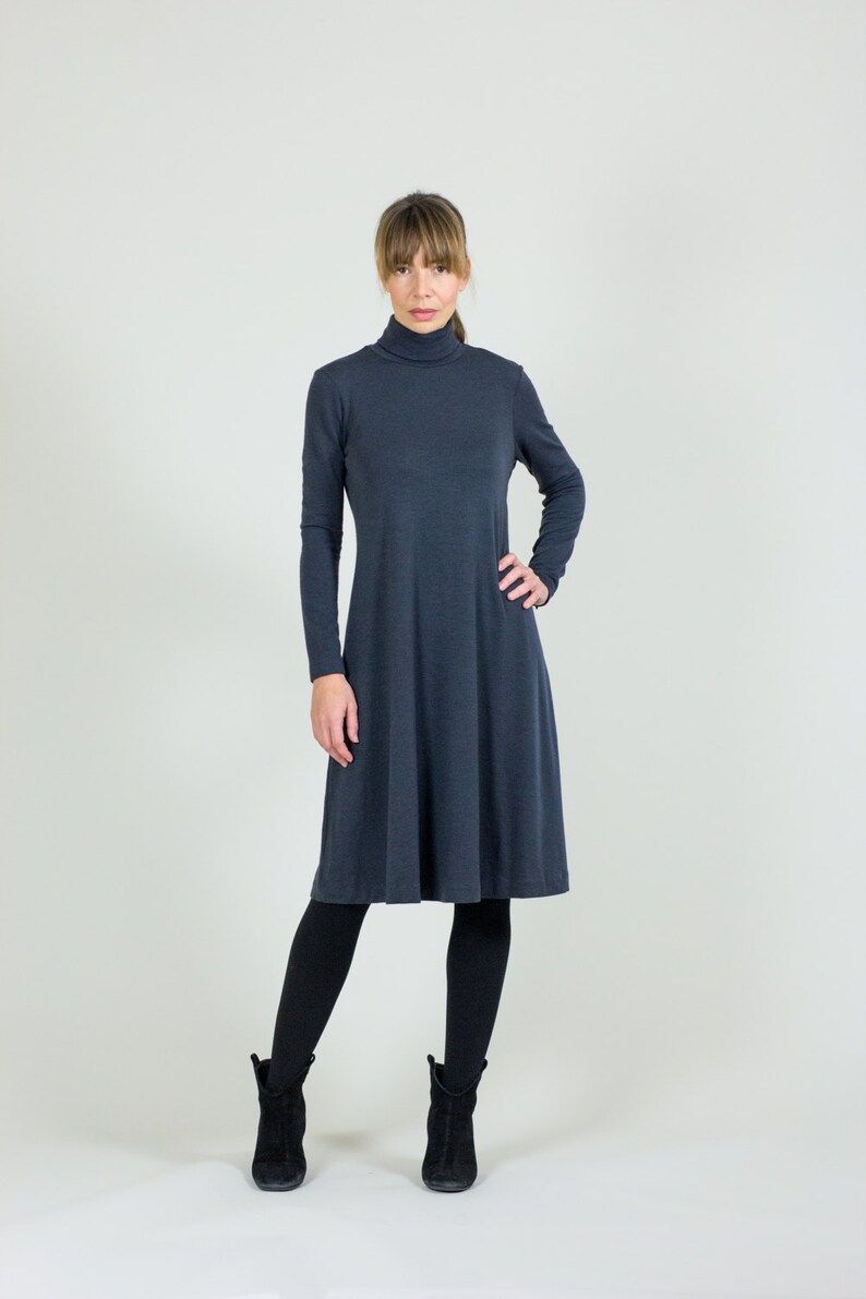 Charcoal Gray Merino Wool Dress Turtleneck Dress With Sleeves A-Line Knee Length Dress Sample Sale