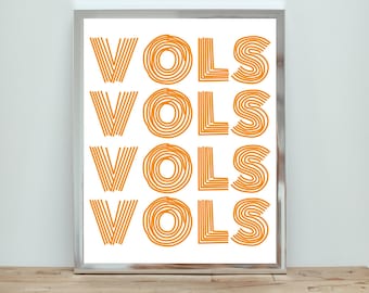 May include: A framed print with the word "VOLS" repeated four times in a retro, orange, striped font.