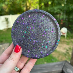 Black & Purple Glitter Resin Coaster | Resin Art | Circle Coasters | Handmade