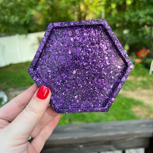 Purple Glitter Resin Coaster | Resin Art | Hexagon Coasters | Handmade | Jewelry Tray | Sparkly