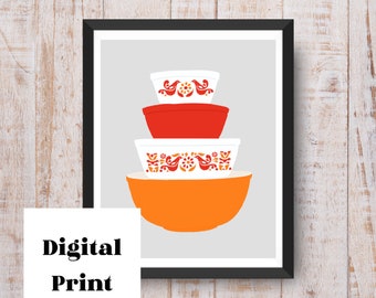 Friendship Pattern Pyrex Mixing Bowls Print | Digital Print | Vintage Pyrex | Printable Kitchen Wall Art | 8X10 Instant Download