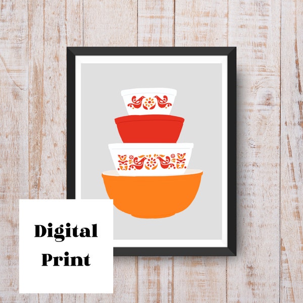 Friendship Pattern Pyrex Mixing Bowls Print | Digital Print | Vintage Pyrex | Printable Kitchen Wall Art | 8X10 Instant Download