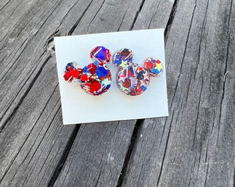 Mouse Stud Earrings | 4th of July Glitter | Park Lover jewelry | Patriotic Red, White, and Blue