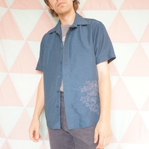 Vintage 90s Shiny Teal Dragon Embroidered Shirt
