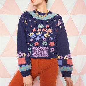 Vintage 90s Navy Blue Flower Pattern Wool Jumper image 1