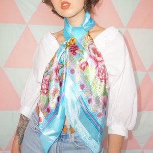 Vintage 60s Pastel Blue Floral Square Scarf Bandanna