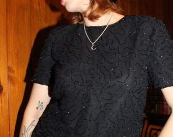 Vintage 80s Beaded Embellished Top in Black