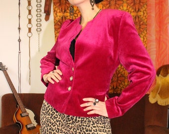 Vintage 80s Jacques Vert Hot Pink Velvet Fitted Collarless Blazer Jacket