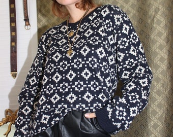 Vintage 80s Navy Blue Cotton Mix Patterned Jumper