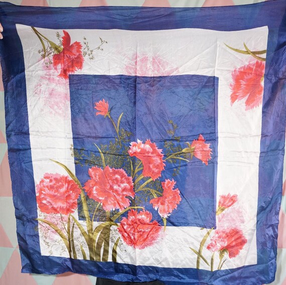 Vintage 60s Blue / Pink Floral Print Real Silk Sq… - image 2