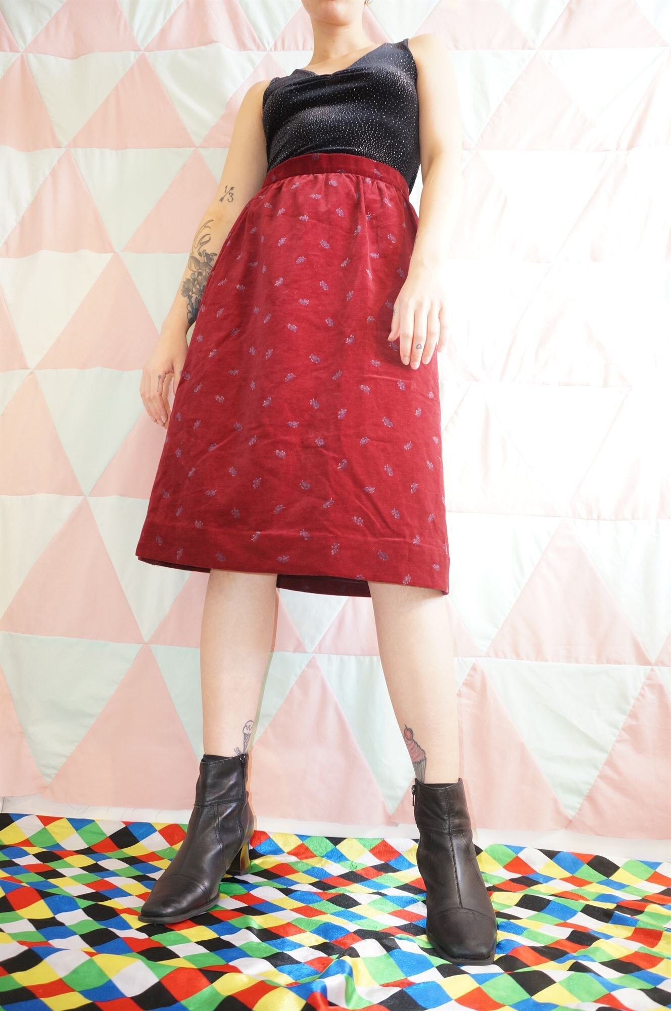 Image of Vintage S Burgundy Cotton Velvet Knee Length Skirt