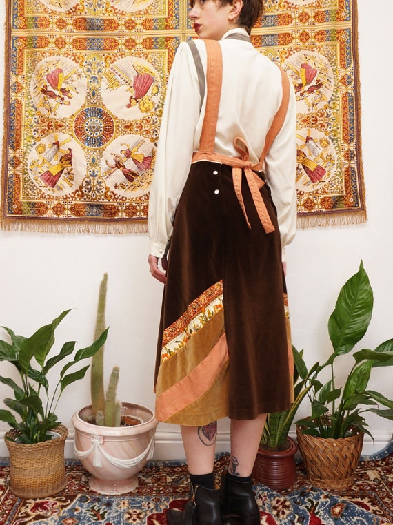 Vintage 70s Velvet and Denim Pinafore Dress Brown… - image 5