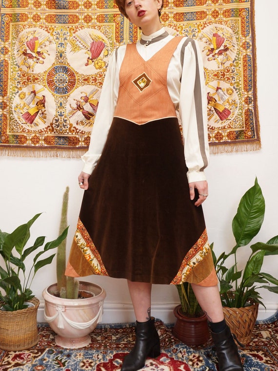 Vintage 70s Velvet and Denim Pinafore Dress Brown… - image 2