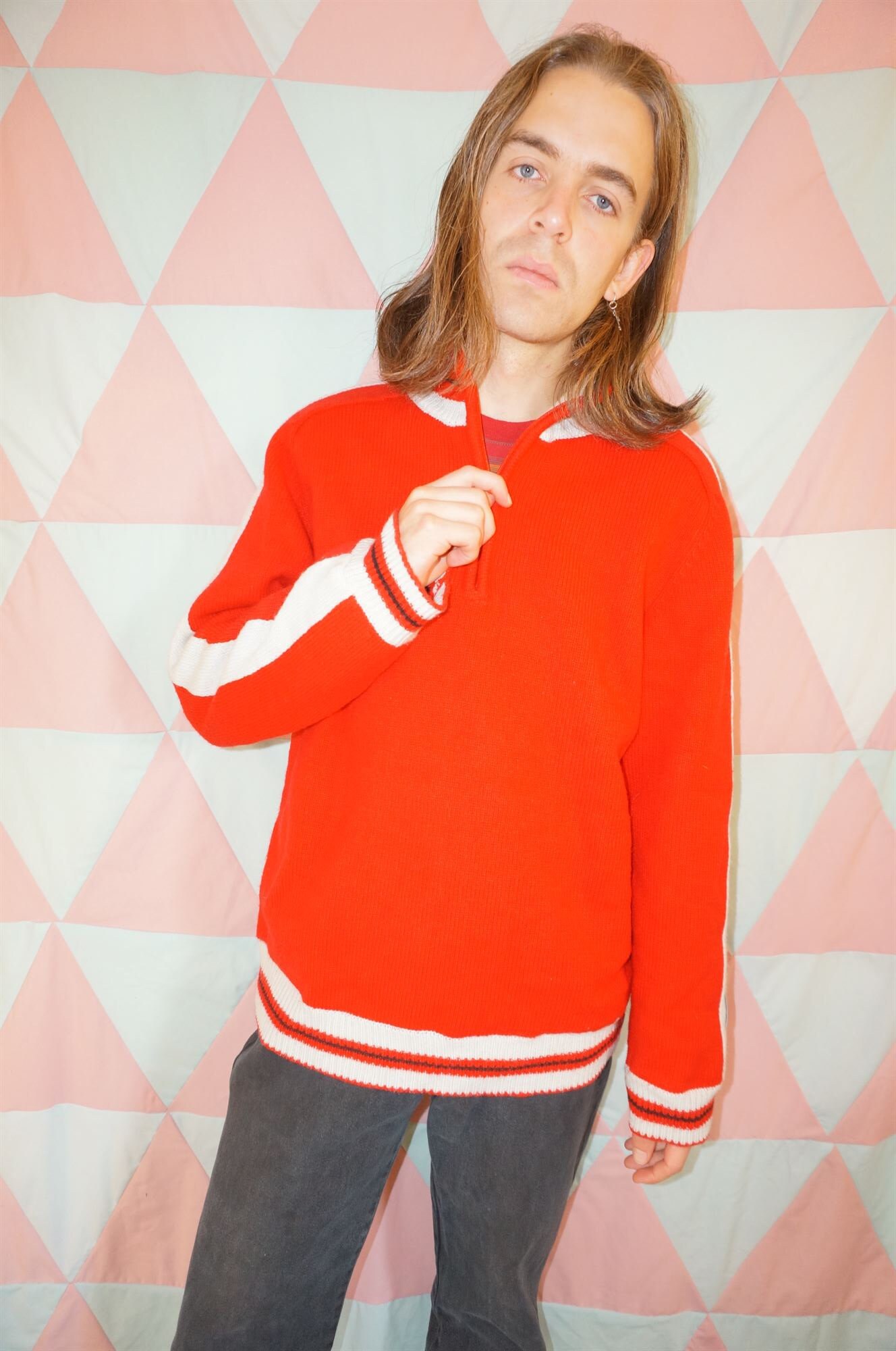 Image of Vintage 90S Red & White 1/4 Zip Lined Wool Mix Jumper