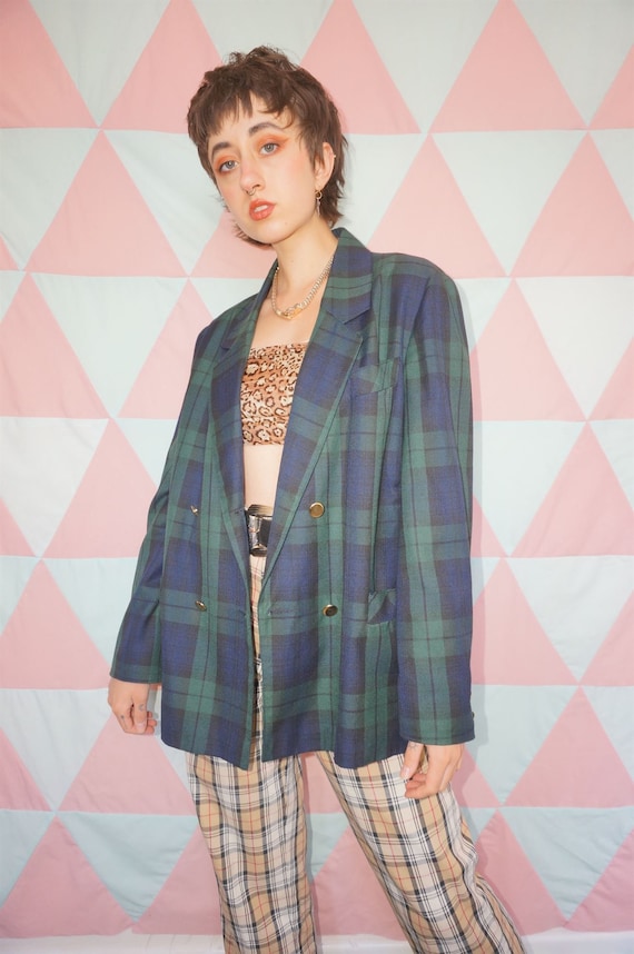 Vintage 80s Green / Blue Plaid Double Breasted Bla