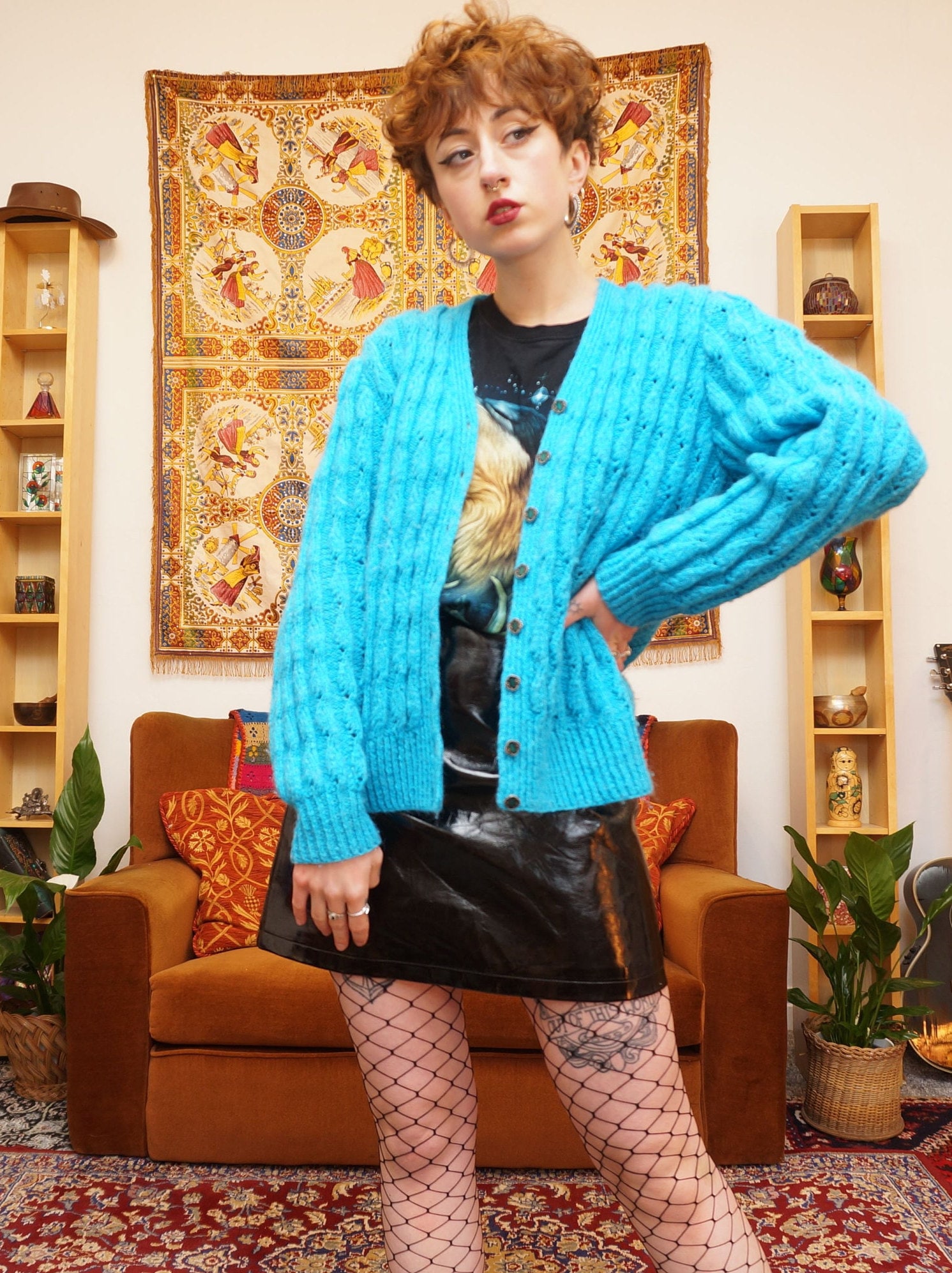 Vintage 80s Hand Knit Cardigan in Turquoise Blue - Etsy UK