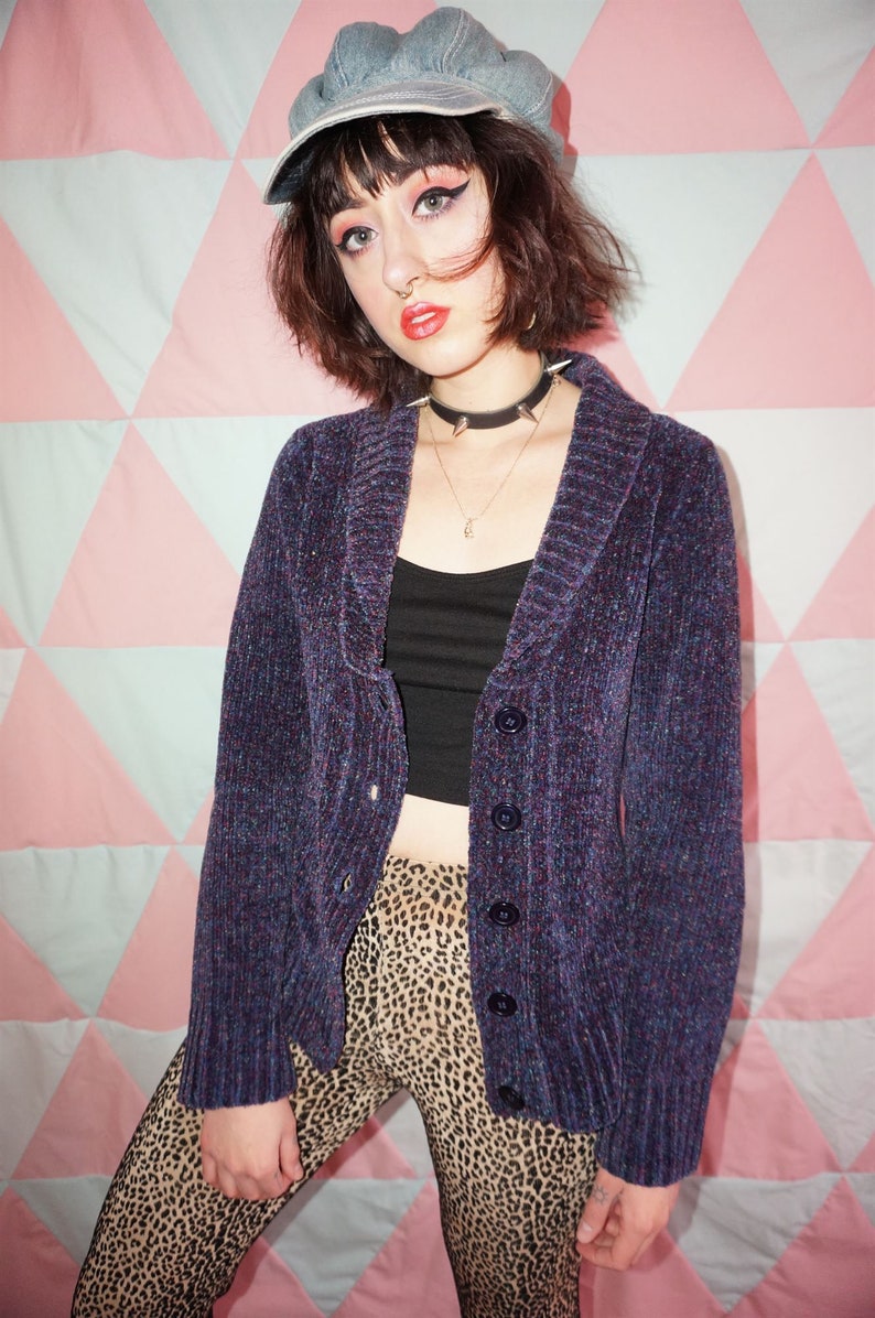 Vintage 90s Purple Chenille Knit Cardigan