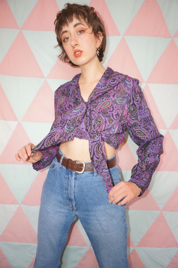 Vintage 70s Purple Paisley Viscose Pussy Bow Blous