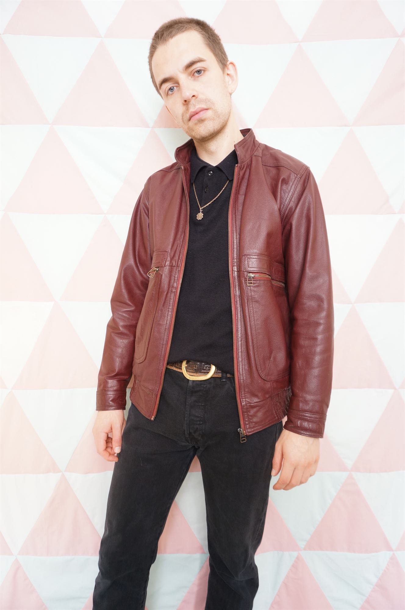 Image of Vintage 80S Red/Burgundy Leather Zip Up Jacket