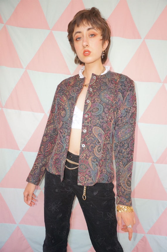 Vintage 90s Paisley Floral Tapestry Collarless Bla