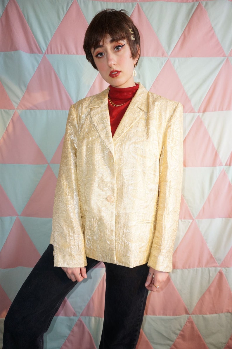 Vintage 90s Metallic Pale Gold Swirl Pattern Blazer Jacket