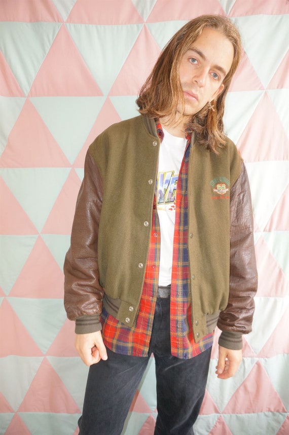Vintage 80s Khaki / Brown Wool / Leather Letterman