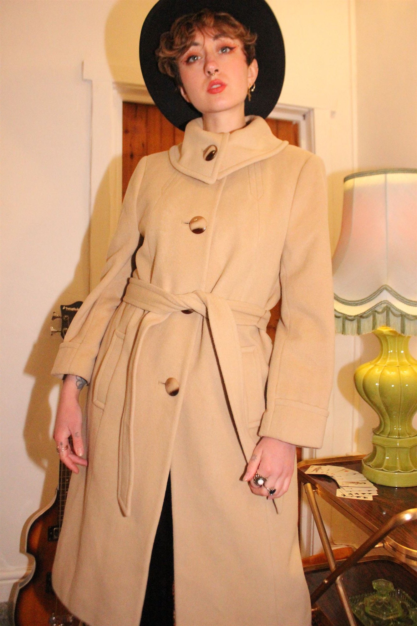 VINTAGE Beige Pastel Fuzzy Angora Wool Belted Stand Collar Coat