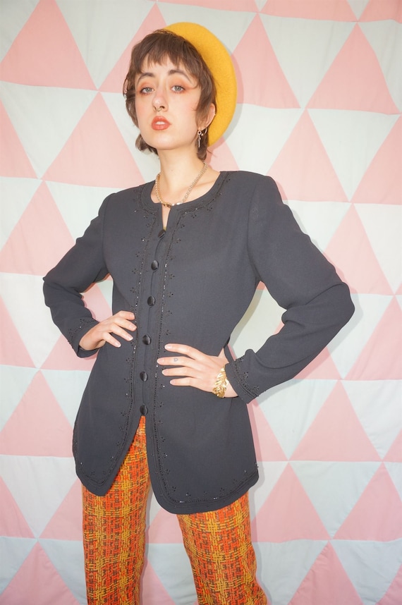 Vintage 90s Black Beaded Collarless Blazer Jacket - image 1